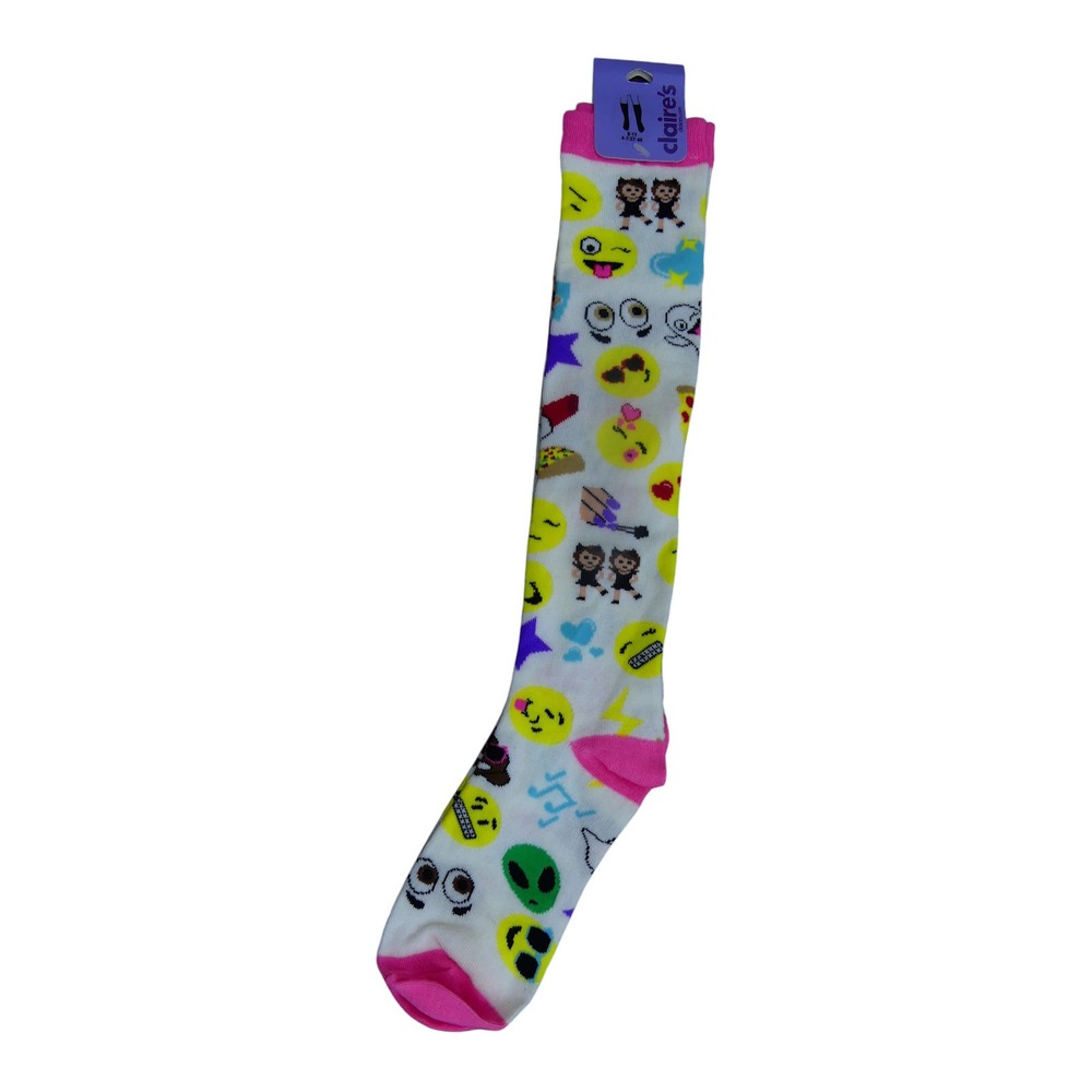 Claire's Knee High Socks Women 9-11 White New Emoji Print Novelty Tall Socks